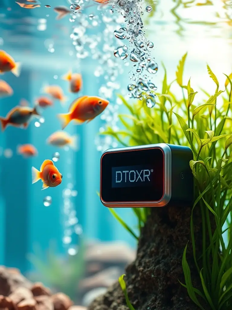 A DTOXR unit maintaining a stable, warm temperature in a fish tank, showcasing its heating capability and promoting a healthy environment for the fish.