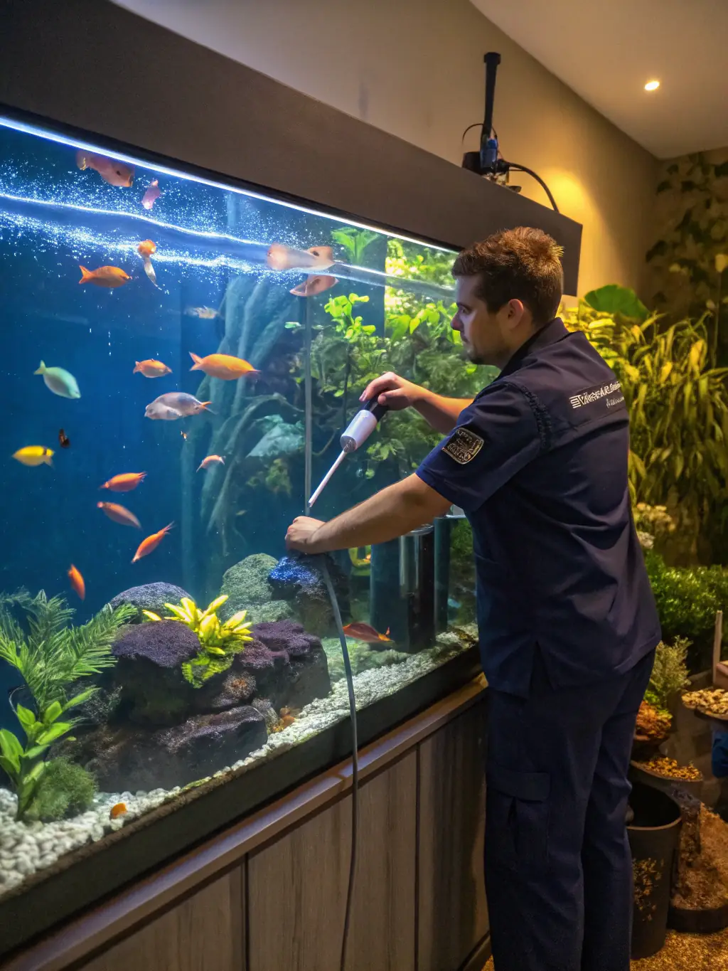 A pristine aquarium with thriving fish and plants, demonstrating the effectiveness of DTOXR in maintaining water quality without frequent water changes.